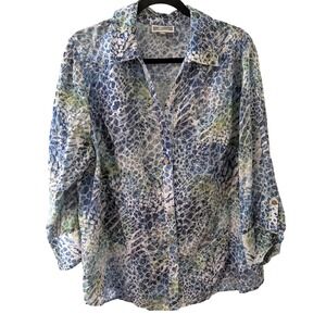 JM Collection Woman Blue Green Abstract Animal Print Roll Tab Blouse Plus 18W